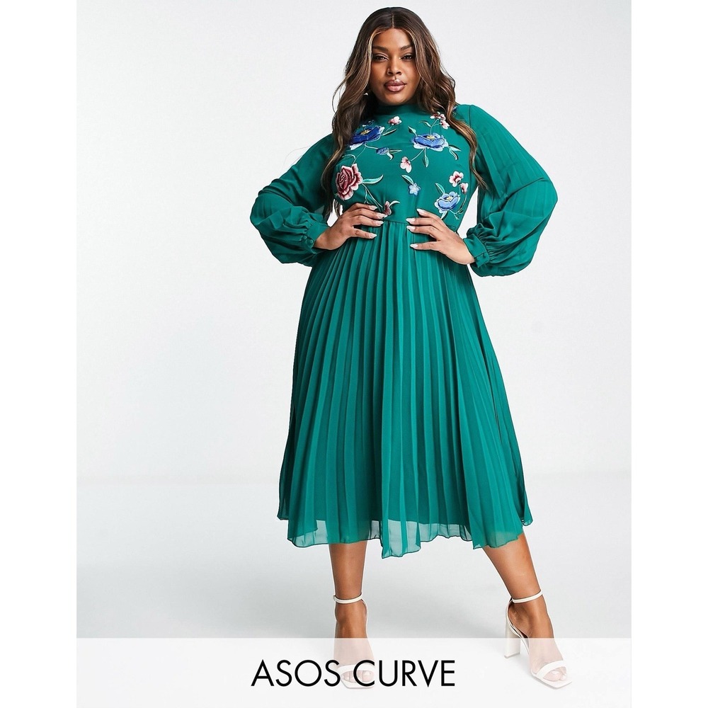 ASOS Design Curve Green Floral Embroidered Midi Dress Boho Plus Size 22 3X 3XL - Picture 2 of 13